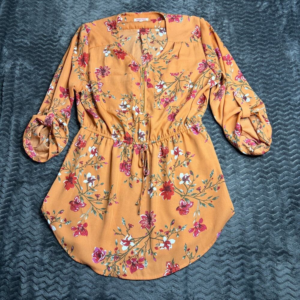 Stella tweed mini dress front zipper gathered waist mustard floral print size L